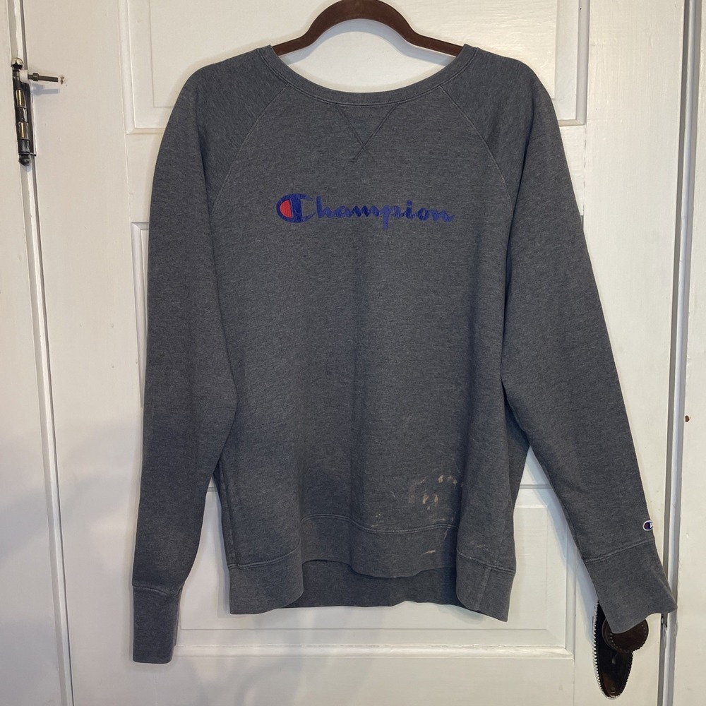 Grey Champion Sweatshirt XL | Distressed Bleach Stains | Street Core